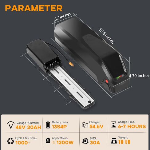 بطارية دراجة كهربائية 48V20Ah، حزمة بطارية ليثيوم مع 30A BMS، قاعدة، قفل آمن، سلك XT60 وضوء مؤشر LED، لمجموعة Ebike 100W-1200W، دراجة كهربائية (معتمدة من UL) in Kuwait