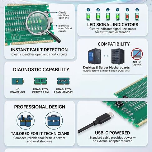جهاز اختبار ذاكرة DDR4، بطاقة اختبار DDR4 من النوع C مع مؤشرات LED، بطاقة اختبار ذاكرة الكمبيوتر المزودة بالطاقة للوحة الأم لخادم الكمبيوتر المكتبي in Kuwait