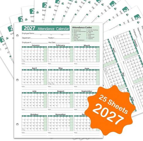 2026 Attendance Calendar, Employee Work Tracker Attendance Calendar cards - 3-Hole Punched for Binder, Cardstock, 8.5 x 11 in (Letter Size), Pack of 25 Sheets, Green in Kuwait