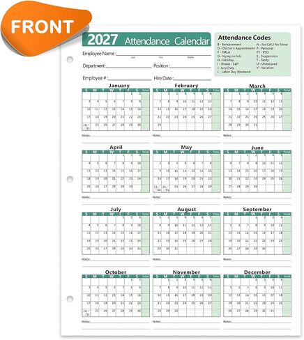 2026 Attendance Calendar, Employee Work Tracker Attendance Calendar cards - 3-Hole Punched for Binder, Cardstock, 8.5 x 11 in (Letter Size), Pack of 25 Sheets, Green in Kuwait