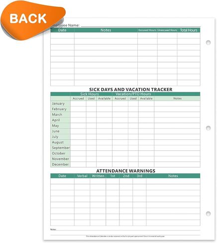 2026 Attendance Calendar, Employee Work Tracker Attendance Calendar cards - 3-Hole Punched for Binder, Cardstock, 8.5 x 11 in (Letter Size), Pack of 25 Sheets, Green in Kuwait