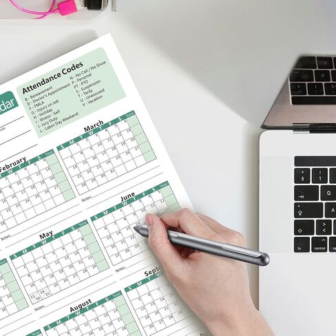 2026 Attendance Calendar, Employee Work Tracker Attendance Calendar cards - 3-Hole Punched for Binder, Cardstock, 8.5 x 11 in (Letter Size), Pack of 25 Sheets, Green in Kuwait