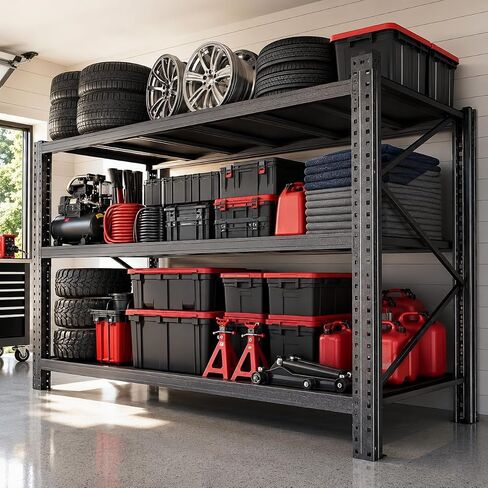 67" W Heavy Duty Garage Shelving, 6000 LBS Metal Storage Shelves with Anti-Fall Rails, 3-Tier Adjustable Storage Rack for Garage, Basement, Warehouse in Kuwait
