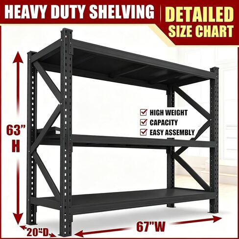 67" W Heavy Duty Garage Shelving, 6000 LBS Metal Storage Shelves with Anti-Fall Rails, 3-Tier Adjustable Storage Rack for Garage, Basement, Warehouse in Kuwait