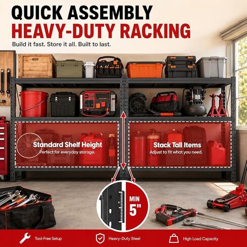 67" W Heavy Duty Garage Shelving, 6000 LBS Metal Storage Shelves with Anti-Fall Rails, 3-Tier Adjustable Storage Rack for Garage, Basement, Warehouse in Kuwait