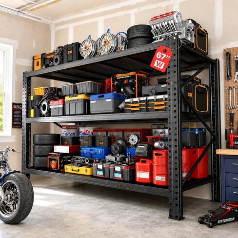 67" W Heavy Duty Garage Shelving, 6000 LBS Metal Storage Shelves with Anti-Fall Rails, 3-Tier Adjustable Storage Rack for Garage, Basement, Warehouse in Kuwait