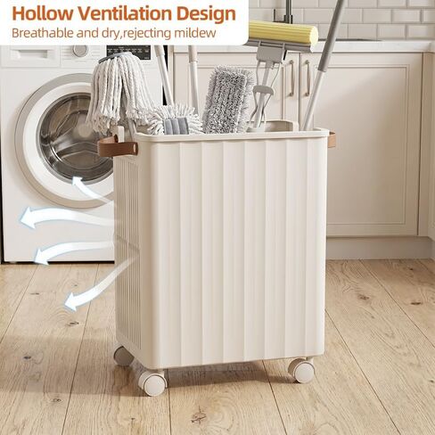 Large Capacity Mop Holder with Wheels, Rolling Broom Storage Organizer On Casters, Heavy Duty Utility Cart for Laundry Room Garage Kitchen Basement, Space Saving Mobile Rack for Cleaning Supplies in Kuwait