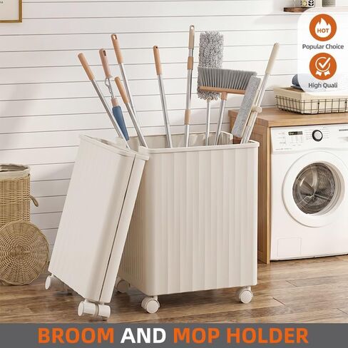 Large Capacity Mop Holder with Wheels, Rolling Broom Storage Organizer On Casters, Heavy Duty Utility Cart for Laundry Room Garage Kitchen Basement, Space Saving Mobile Rack for Cleaning Supplies in Kuwait