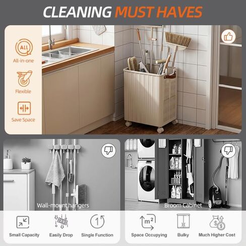 Large Capacity Mop Holder with Wheels, Rolling Broom Storage Organizer On Casters, Heavy Duty Utility Cart for Laundry Room Garage Kitchen Basement, Space Saving Mobile Rack for Cleaning Supplies in Kuwait