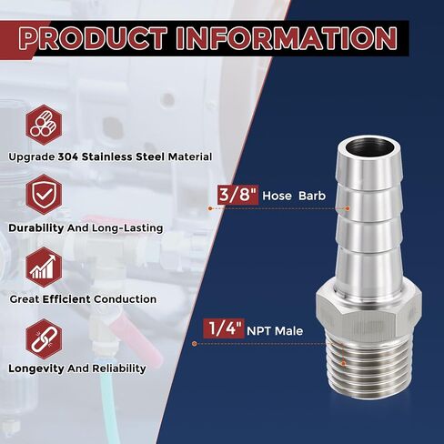 Pack of 1 Stainless Steel Hose Barbs Fittings 3/8" Hose Barbs to 1/4" NPT Male Fittings in Kuwait