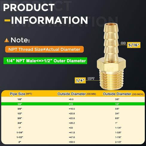 METALLIXITY 1 قطعة خرطوم نحاسي بارب إلى محولات ذكر NPT 5/16 بوصة بارب × 1/4 بوصة NPT ذكر للسيارات والدراجات النارية والبحرية والشاحنات وأنظمة الوقود RV in Kuwait