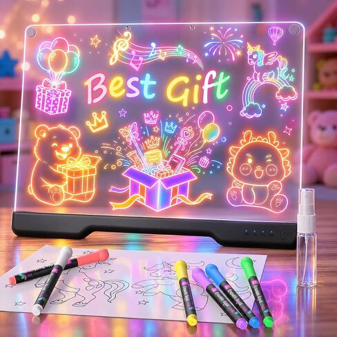 Portable LED Note Board with Colors, Rechargeable 16-inch 7 Light Effects Doodle Glow Memo Message Dry Erase Drawing Lumi Board with Stand for Gift/Classroom/Office/Kids, 5 Markers & Sketchbook in Kuwait