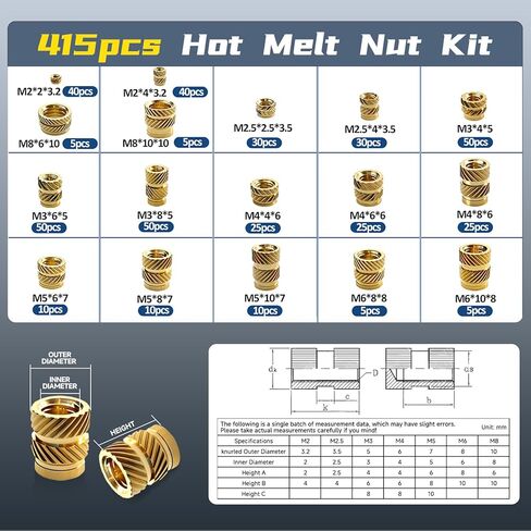 Heat Set Insert Tool Kit, 415Pcs Threaded Inserts Set Brass Nuts | Insert Tips M2 M2.5 M3 M4 M5 M6 M8, 80W Digital Soldering Iron Threaded Inserts for Inserts 3D Printing and Plastic in Saudi Arabia