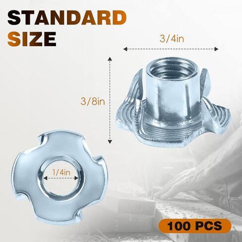 T-Nut، GudeTap 1/4"-20 T-Nuts، 4-Pronged Tee Nut (100 قطعة) - فولاذ مطلي بالزنك، مقاوم للصدأ، للخشب، وحوامل تسلق الصخور، والأثاث، والخزائن in Kuwait