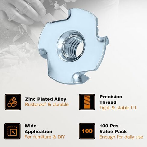 T-Nut، GudeTap 1/4"-20 T-Nuts، 4-Pronged Tee Nut (100 قطعة) - فولاذ مطلي بالزنك، مقاوم للصدأ، للخشب، وحوامل تسلق الصخور، والأثاث، والخزائن in Kuwait