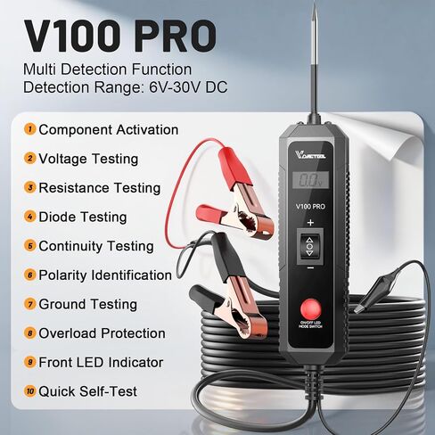 جهاز اختبار مسبار دائرة الطاقة VDIAGTOOL V100 PRO، 6 فولت - 30 فولت تيار مستمر، ضوء اختبار السيارة متعدد الوظائف مع تنشيط المكونات، الجهد الكهربي، اختبار الاستمرارية، حماية من الحمل الزائد لسيارة الدفع الرباعي RV النارية in Kuwait