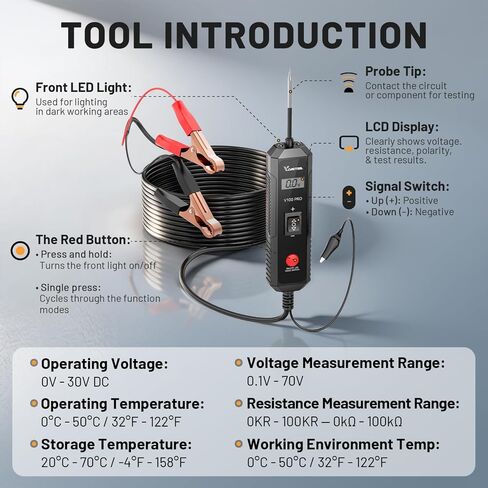 جهاز اختبار مسبار دائرة الطاقة VDIAGTOOL V100 PRO، 6 فولت - 30 فولت تيار مستمر، ضوء اختبار السيارة متعدد الوظائف مع تنشيط المكونات، الجهد الكهربي، اختبار الاستمرارية، حماية من الحمل الزائد لسيارة الدفع الرباعي RV النارية in Kuwait