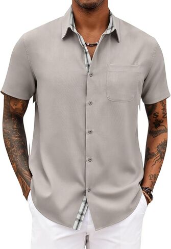 Mens Linen Cotton Button-Down Casual Shirt Short Sleeve Breathable Lightweight Shirts for Summer Beach Vacation in Kuwait