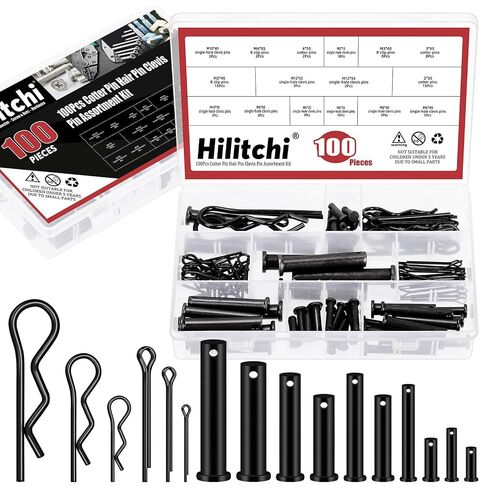 Hilitchi 100Pcs 10Sizes M5 M6 M8 M10 M12 Black Clevis Pins Assortment Kit with Cotter Pin Hair Pin Zinc Plated Steel Flat Head Clevis Pins Single Hole Clevis Pin for Mechanics Repair in Kuwait