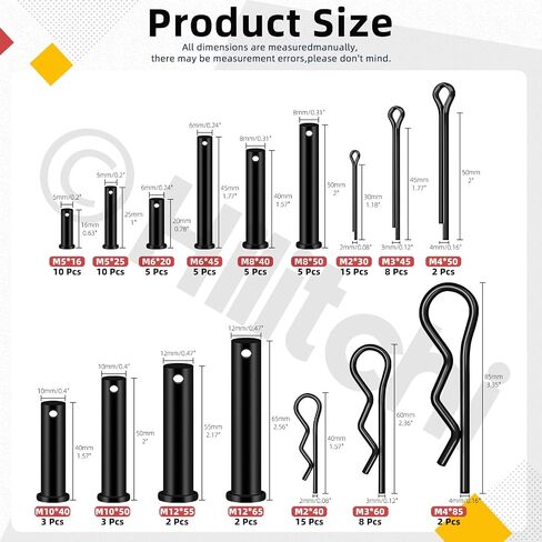 Hilitchi 100Pcs 10Sizes M5 M6 M8 M10 M12 Black Clevis Pins Assortment Kit with Cotter Pin Hair Pin Zinc Plated Steel Flat Head Clevis Pins Single Hole Clevis Pin for Mechanics Repair in Kuwait