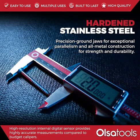 أداة قياس الفرجار الرقمية من Olsa Tools - البوصات والبوصات الكسرية والمليمترات - 0-6 بوصات - أداة قياس الفرجار الرقمية من الفولاذ المقاوم للصدأ - شاشة كبيرة سهلة القراءة - الجزء: 1867 in Kuwait