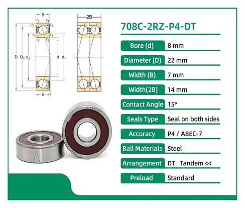 1 زوج 708 708C 2RZ P4 DT 8x22x7 مختومة محامل الاتصال الزاوي المغزل in Kuwait