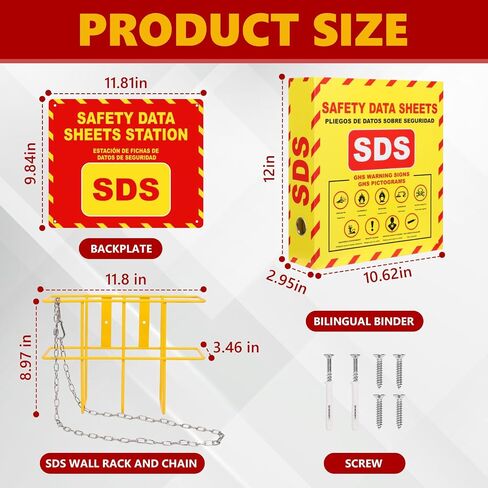 SDS MSDS Binder and Wall Station Bilingual Yellow 2 Inch Safety Data Sheet 3 Ring Binder with SDS Wire Rack Chain Self-tapping Screws SDS Station Sign Wall Mounted for Workplace English Spanish in Kuwait