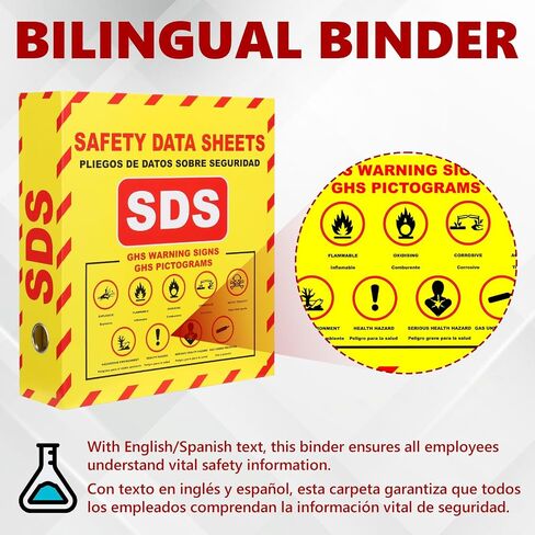 SDS MSDS Binder and Wall Station Bilingual Yellow 2 Inch Safety Data Sheet 3 Ring Binder with SDS Wire Rack Chain Self-tapping Screws SDS Station Sign Wall Mounted for Workplace English Spanish in Kuwait