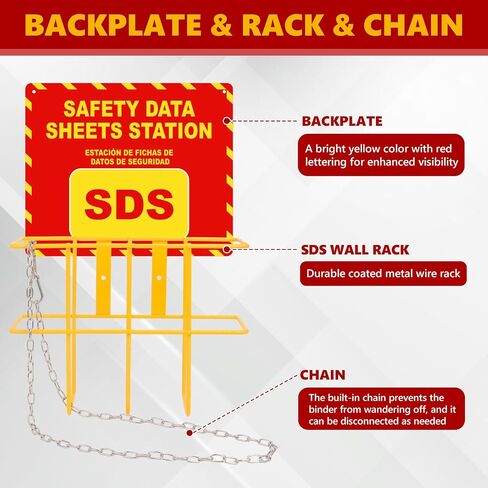 SDS MSDS Binder and Wall Station Bilingual Yellow 2 Inch Safety Data Sheet 3 Ring Binder with SDS Wire Rack Chain Self-tapping Screws SDS Station Sign Wall Mounted for Workplace English Spanish in Kuwait