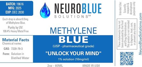 حلول NeuroBlue - الميثيلين الأزرق 120 مل 1٪ - الدعم المعرفي والخلوي من الدرجة الصيدلانية - مكمل غذائي لصحة الدماغ تم التحقق منه من طرف ثالث للبشر (2 أونصة) 2-pack in Kuwait