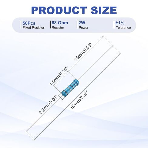 PATIKIL 68 Ohm Resistor, 50Pcs 2W Metal Film Fixed Resistor Kit 1% Tolerance Multiple Values of Resistance Optional for DIY Electronics Projects Computer TV Circuit Board in Kuwait