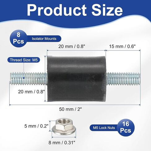 PATIKIL M5 20x20mm حوامل عازلة مطاطية، 8 قطع مطاطية ممتصة للصدمات مضادة للاهتزاز معزولة للتخميد مع صواميل قفل للمحرك وضاغط الهواء والمحركات (ارتفاع 50 مم) in Saudi Arabia