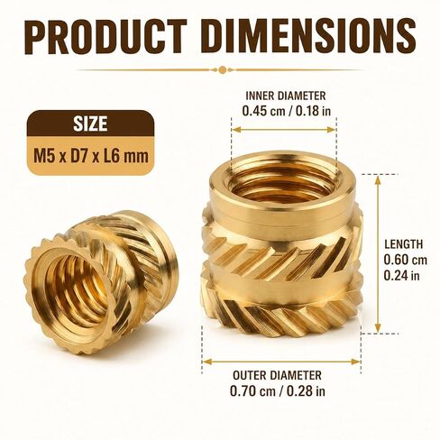 Brass Threaded Inserts M5, 50PCS Heat Set Knurled Twill Nuts for 3D Printing | Female Threaded Inserts for Plastic, PCB, Electronics, RC, Automotive | M5 x 7mm OD x 6mm Length in Kuwait