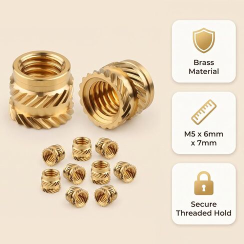 Brass Threaded Inserts M5, 50PCS Heat Set Knurled Twill Nuts for 3D Printing | Female Threaded Inserts for Plastic, PCB, Electronics, RC, Automotive | M5 x 7mm OD x 6mm Length in Kuwait
