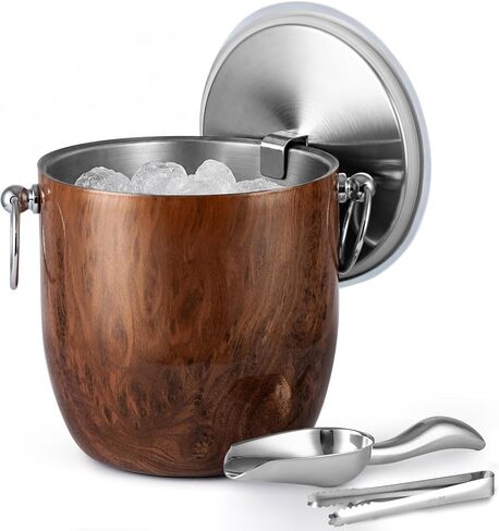 Insulated Ice Bucket, 3L Double Wall Stainless Steel Ice Bucket with Tongs,Lid, Scoop and Strainer, Ice Buckets for Parties,Cocktail Bars, Chilling Beer, Champagne, Wine Bottles,Wood in Kuwait
