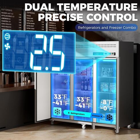 ثلاجة Coolski التجارية ذات درجة الحرارة المزدوجة 3 أبواب منتصبة 72 بوصة ث، 54 قدم مكعب تصل إلى مروحة تبريد تجارية وثلاجة تجميد للمطعم والمطبخ والمرآب وشاحنة الطعام والمدرسة والكنيسة in Kuwait