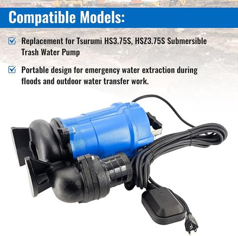HSZ3.75S HS3.75S Electric Submersible Trash Pump Float Switch 1 HP 115V Automatic Submersible Wastewater Pump for Tsurumi HS3.75S-62, 61 GPM 3660 GPH, 3 in Straight Male NPT in Kuwait