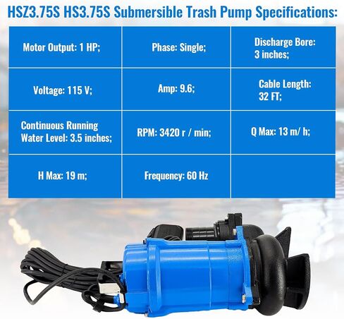 HSZ3.75S HS3.75S Electric Submersible Trash Pump Float Switch 1 HP 115V Automatic Submersible Wastewater Pump for Tsurumi HS3.75S-62, 61 GPM 3660 GPH, 3 in Straight Male NPT in Kuwait