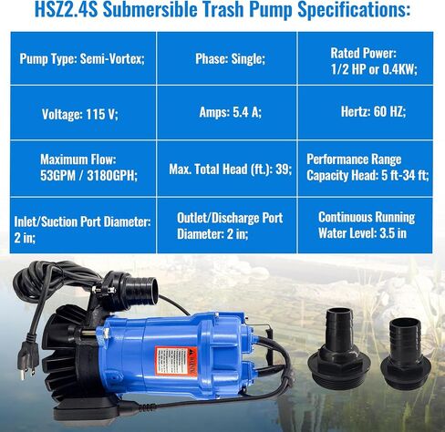 HS2.4S HSZ2.4S 1/2 HP Submersible Trash Pump 115V Auto Float Switch Electrical Submersible Wastewater Pump for Tsurumi Pump HSZ2.4S-62 53GPM 3180GPH 60Hz, 2 inch Straight Male NPT in Kuwait