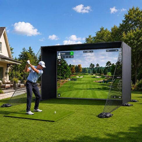 Golf Simulator Enclosure Net with HD Impact Screen, Heavy Duty Steel Frame, Side Shank Protection Nets, Sandbags, Indoor Garage Golf Hitting Net for Real Golf Balls in Kuwait