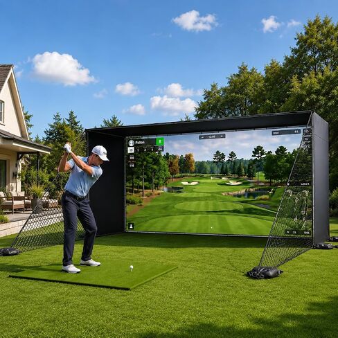 Golf Simulator Enclosure Net with HD Impact Screen, Heavy Duty Steel Frame, Side Shank Protection Nets, Sandbags, Indoor Garage Golf Hitting Net for Real Golf Balls in Kuwait