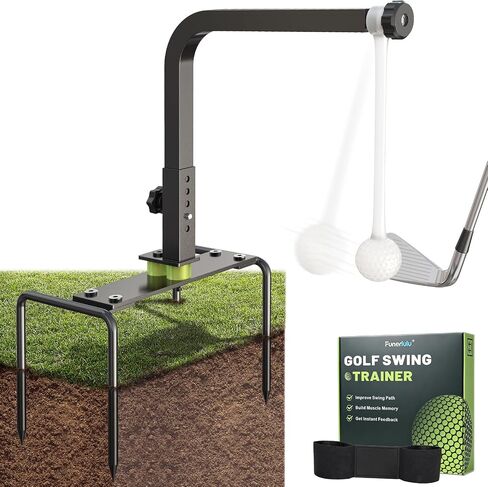 Golf Swing Trainer, Golf Training Aid with 2 Reinforced Practice Balls | for Backyard & Home Practice, Swing Path Feedback, 5 Height Adjustments, Heavy Duty Ground Stake, Swing Correcting Arm Band in Kuwait
