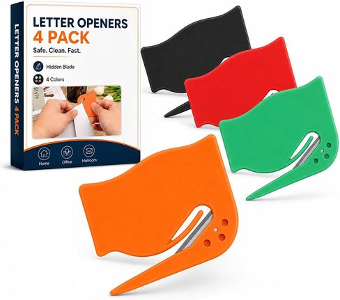 Letter Opener Envelope Slitter 4 Pack, Mail Opener with Concealed Blade, Portable Envelope Opener for Home, Office, and Travel, Durable Letter Openers - Set of 4 Colors in Saudi Arabia