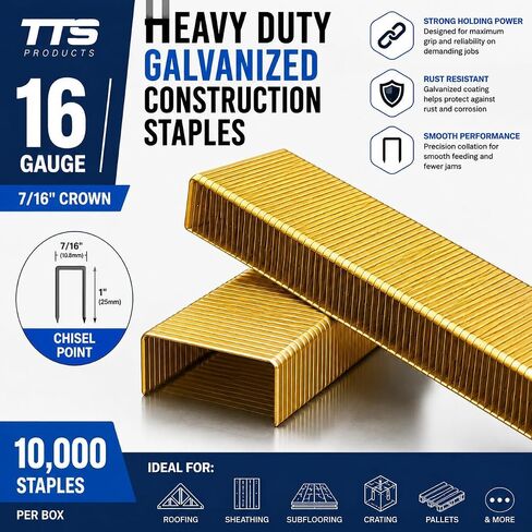 16 Gauge 7/16" Crown Staples, 1-3/4" Length, Galvanized Heavy-Duty Construction Staples, 10,000 Count in Kuwait