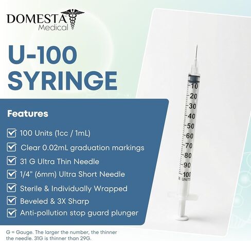 1mL (1cc) U-100 31G 1/4" (6mm) Short Needle Syringes, Disposable, Individually Sterilized and Packaged, Pack of 20. Smooth Plunger, Triple Sharpened in Kuwait