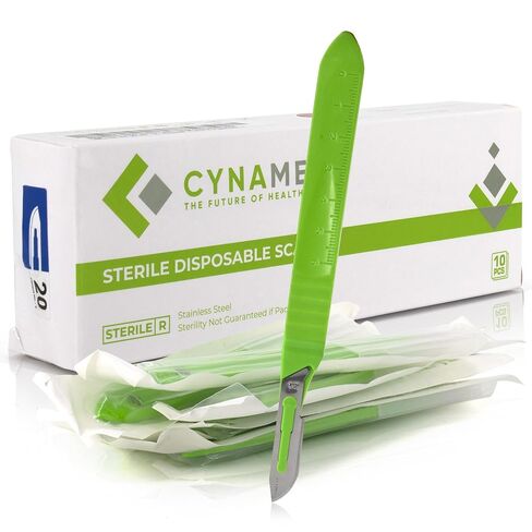 CYNAMED # 20 Disposable Scalpel with Plastic Handle - Sterile Single Blade Razor for Dermaplaning, Dissection, Podiatry, Professional Grooming, Acne Removal - Surgical Stainless Steel Tool - Box of 10 in Kuwait