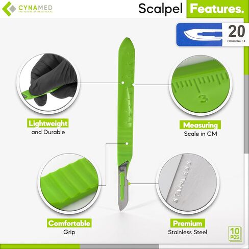 CYNAMED # 20 Disposable Scalpel with Plastic Handle - Sterile Single Blade Razor for Dermaplaning, Dissection, Podiatry, Professional Grooming, Acne Removal - Surgical Stainless Steel Tool - Box of 10 in Kuwait