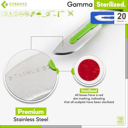 CYNAMED # 20 Disposable Scalpel with Plastic Handle - Sterile Single Blade Razor for Dermaplaning, Dissection, Podiatry, Professional Grooming, Acne Removal - Surgical Stainless Steel Tool - Box of 10 in Kuwait