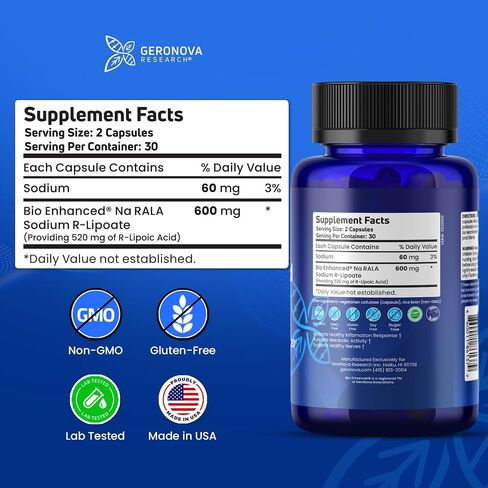 حمض R-Lipoic المعزز حيويًا من Geronova Research، جرعة 600 مجم - كمية تكفي لمدة شهر واحد - حمض R ألفا ليبويك المستقر مع امتصاص معزز - مكمل حمض R Lipoic - 60 كبسولة in Kuwait