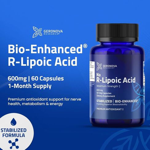 حمض R-Lipoic المعزز حيويًا من Geronova Research، جرعة 600 مجم - كمية تكفي لمدة شهر واحد - حمض R ألفا ليبويك المستقر مع امتصاص معزز - مكمل حمض R Lipoic - 60 كبسولة in Kuwait
